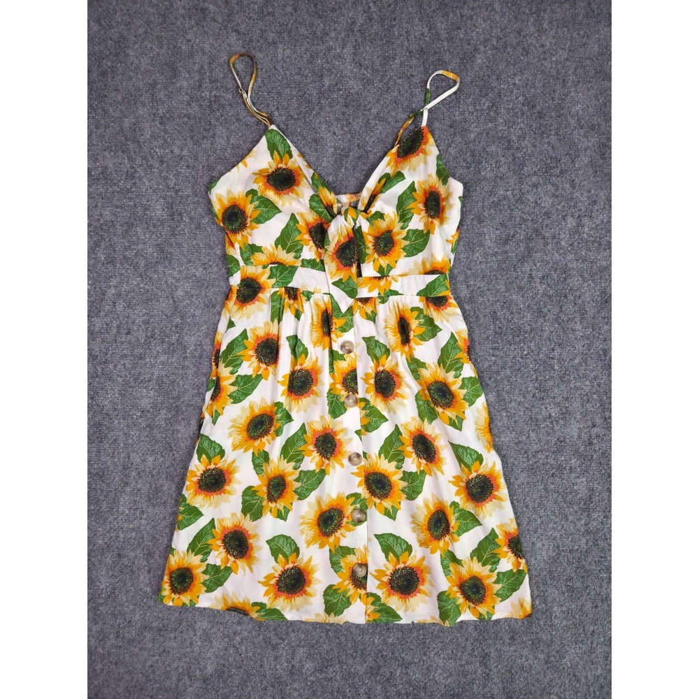 Mimi Chica Mini Dress Womens Medium White Sunflower Tie Front Button Rayon